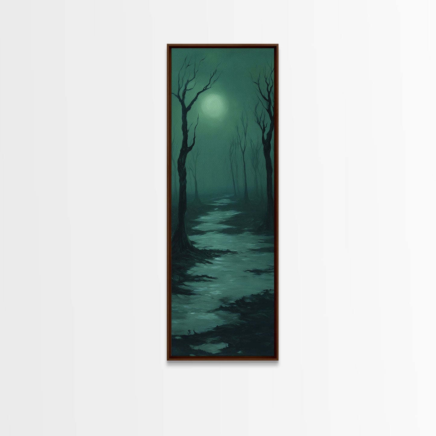 Framed Canvas Print of Forest at Dusk Painting in Teal, Moody Art, Dark Romance Painting, Above Bed Wall Art, Tall Narrow Art, Unique Gift Idea