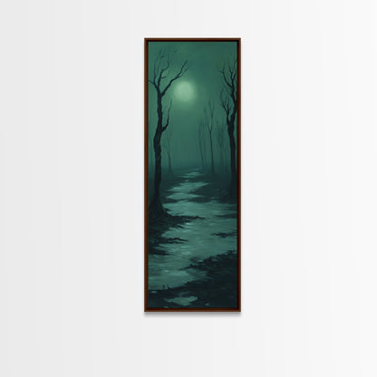 Framed Canvas Print of Forest at Dusk Painting in Teal, Moody Art, Dark Romance Painting, Above Bed Wall Art, Tall Narrow Art, Unique Gift Idea