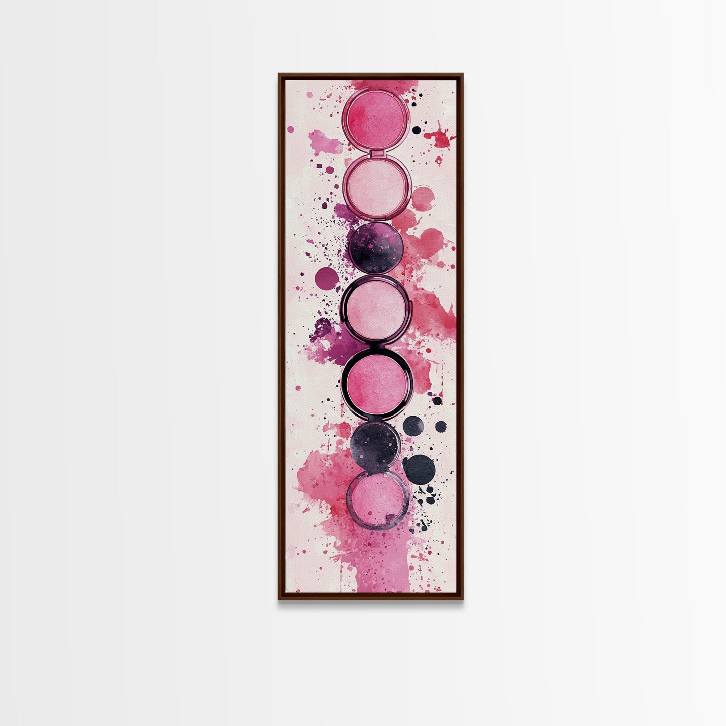 Makeup Palette Canvas Print, modern pink abstract art with splatter design, bold vertical wall art, unique wabi sabi minimalist print.
