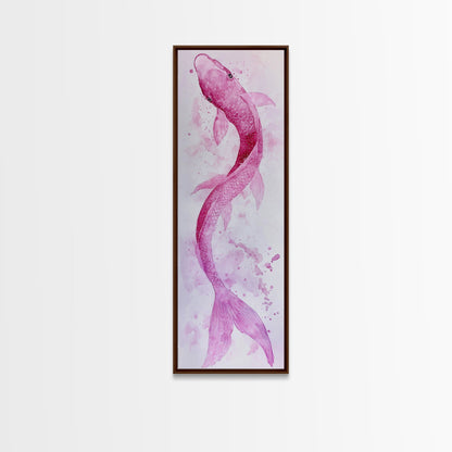 Koi Fish Canvas Print - Pink Whimsical Art, Minimalist Japanese Fish Painting, Skinny Wall Art, Peaceful Above Sofa Artwork