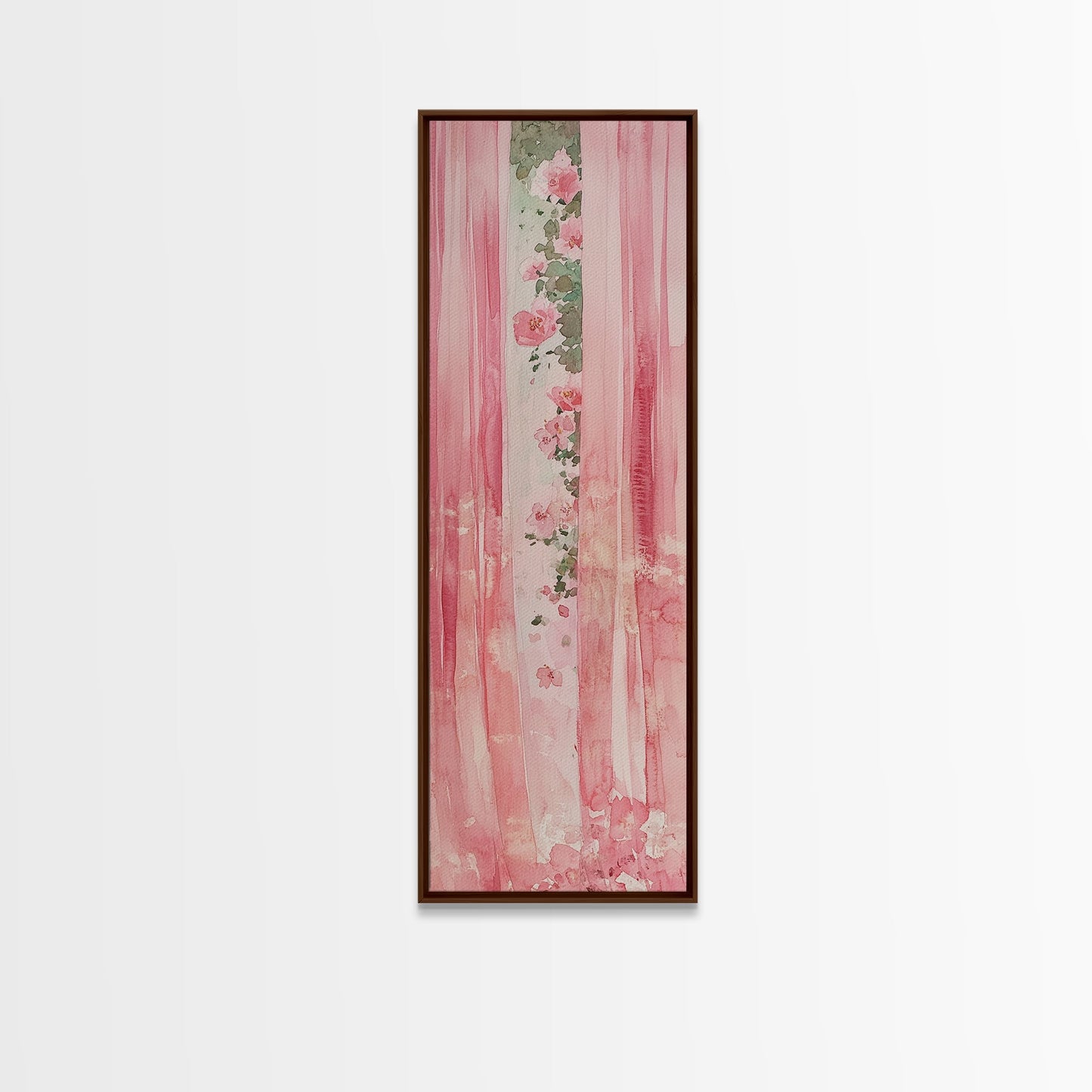 Pink Floral Curtains Framed Canvas Print Whimsical Art Light Pink Wall Art Vertical Wall Art Minimalist Art Rustic Decor Gift