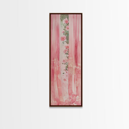 Pink Floral Curtains Framed Canvas Print Whimsical Art Light Pink Wall Art Vertical Wall Art Minimalist Art Rustic Decor Gift