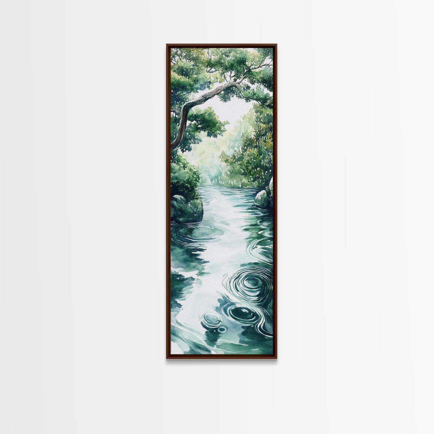 Serene Forest Stream Framed Canvas Print Coastal Landscape Art Green Wall Art Rustic Decor Vertical Art Guest Room Wall Decor