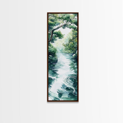 Serene Forest Stream Framed Canvas Print Coastal Landscape Art Green Wall Art Rustic Decor Vertical Art Guest Room Wall Decor