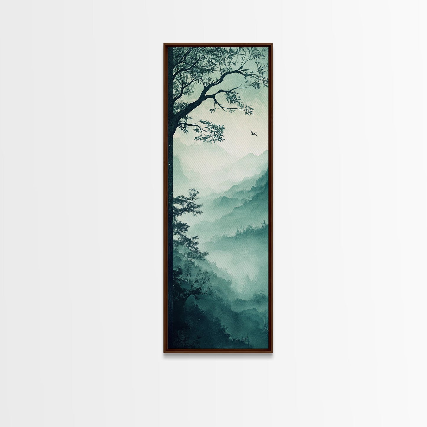 Misty Forest Panorama Framed Canvas Print Southwest Wall Art Vertical Nature Scene Above Couch Art Smoky Mountain Landscape