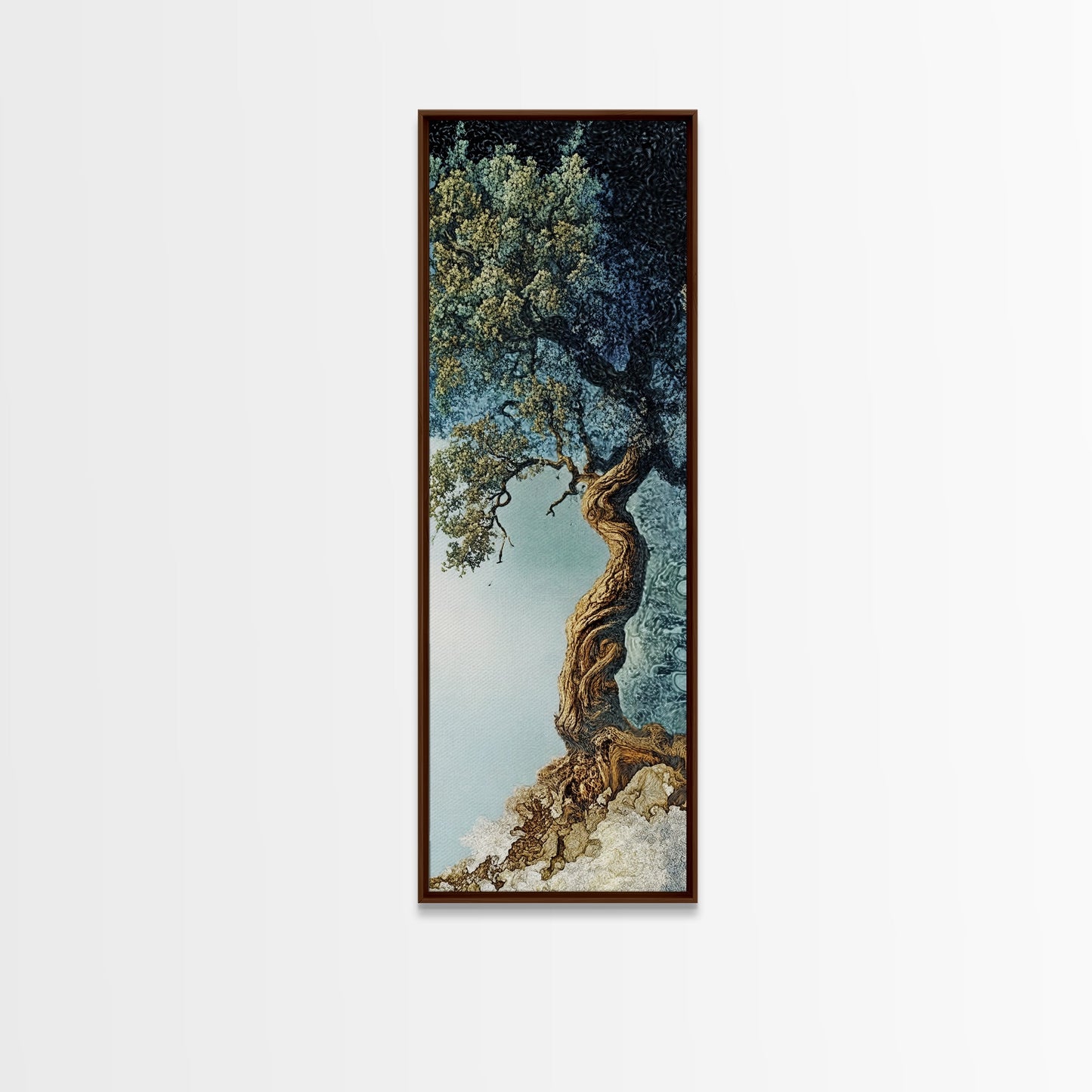 Detailed Oak Tree Framed Canvas Print in Textured Earth Tones, Tall Narrow Wall Art for Living Room or Bedroom Rustic Decor