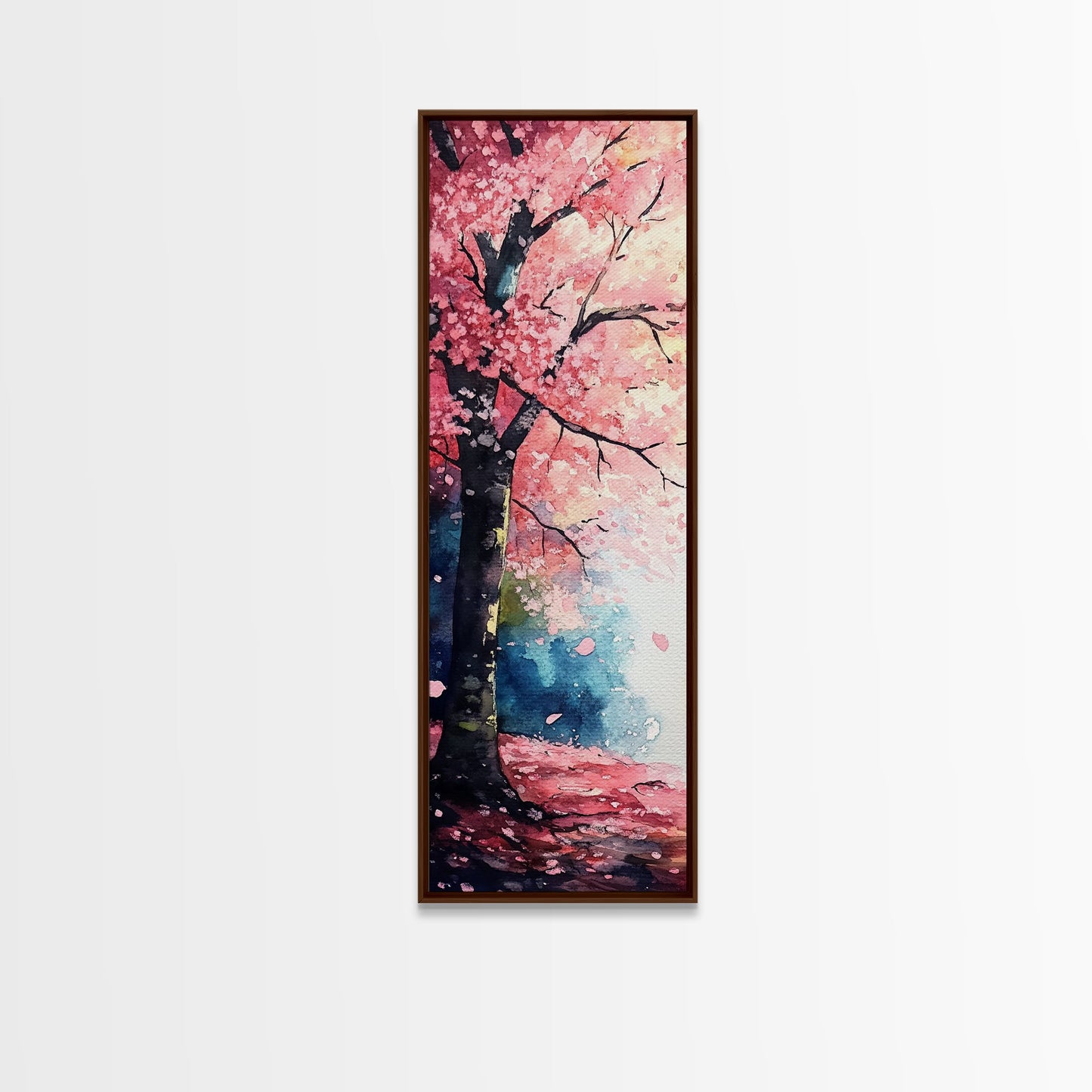 Cherry Blossom Tree Framed Canvas Print, Moody Pink Wall Art, Japanese Botanical Artwork, Vertical Minimalist Decor, Gift Idea