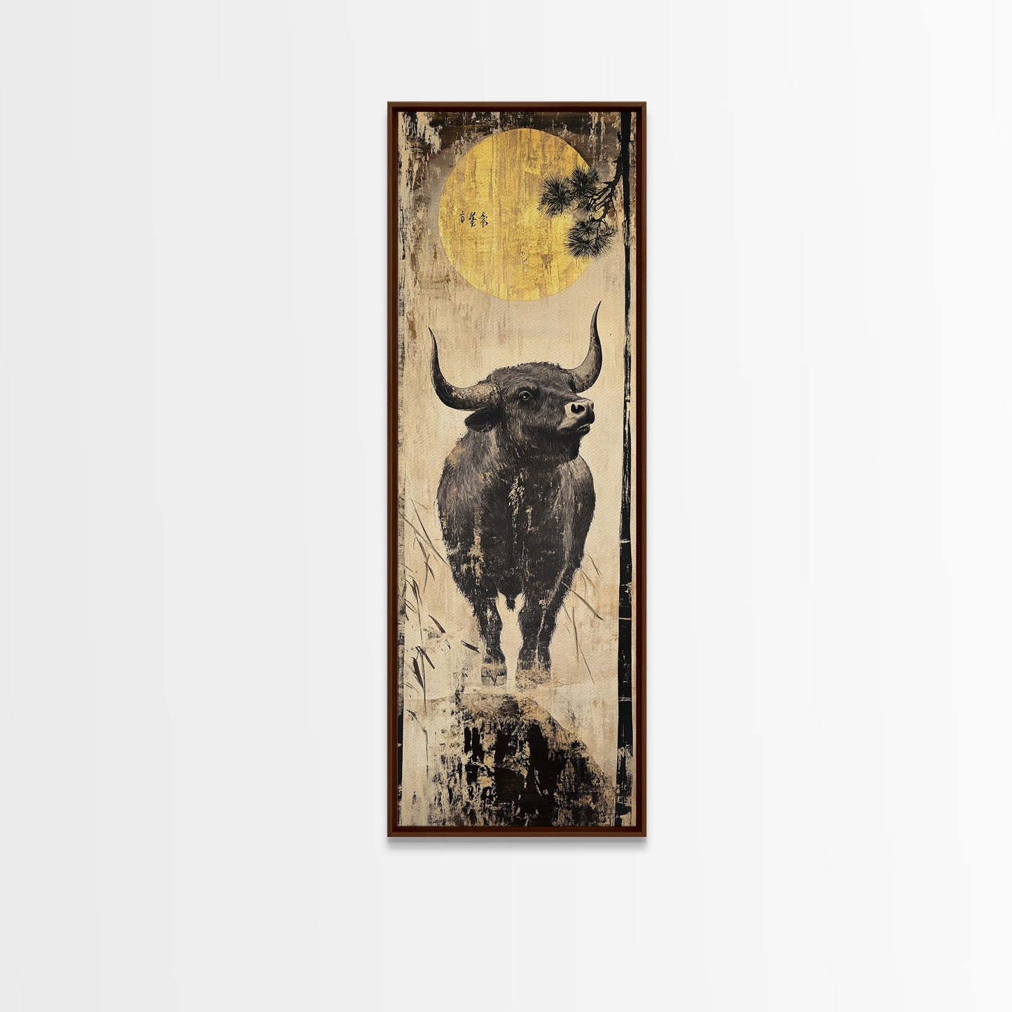Modern Bull Artwork Framed Canvas Print, Rustic Animal Wall Art, Farmhouse Decor, Vertical Skinny Art, Pine Tree Moonlight Scene
