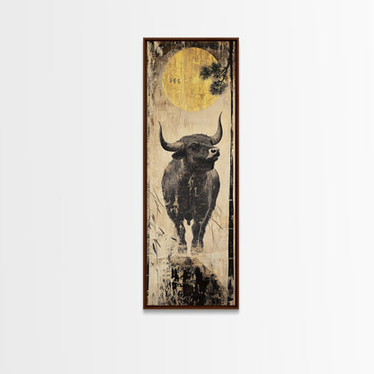 Modern Bull Artwork Framed Canvas Print, Rustic Animal Wall Art, Farmhouse Decor, Vertical Skinny Art, Pine Tree Moonlight Scene
