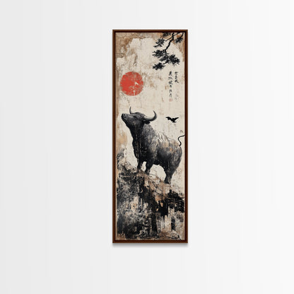 Rustic Buffalo Art Canvas Print, Wabi Sabi Minimalist Decor, Red Sun Vertical Art, Farmhouse Living Room Rustic Wall Artwork