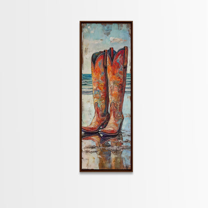 Rustic Cowboy Boots Canvas Print, Coastal Cowgirl Wall Art, Farmhouse Rustic Decor, Western Style Vertical Skinny Artwork