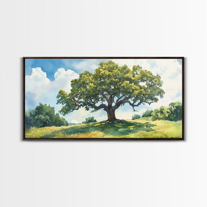 Sprawling Oak Tree Canvas Print Rustic Wall Art Panoramic Painting Nature Scene Bedroom Decor Horizontal Artwork Farmhouse Wall Art