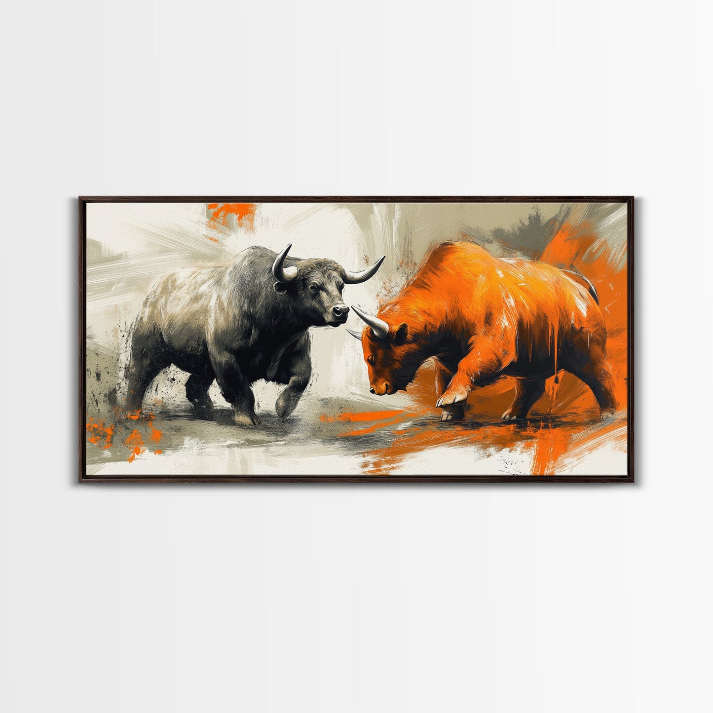 Moderner Leinwanddruck mit Stier und Bär, gerahmt, Geschenkidee, Kunst für den Finanzmarkt, Wanddekoration, rustikale Kunst über dem Sofa