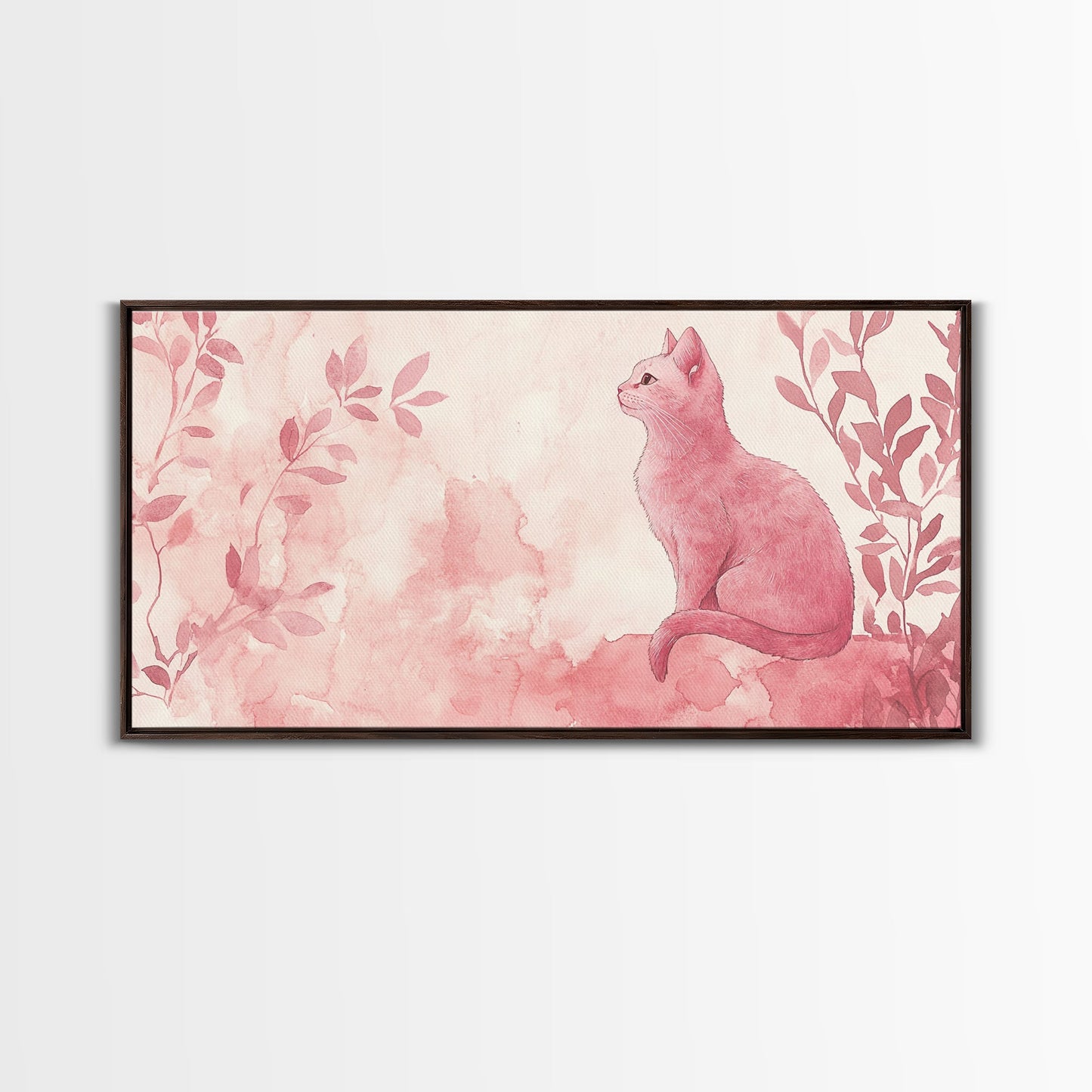 Whimsical Pink Cat Canvas Print Featuring Pink Wall Art Minimalist Art Botanical Prints Light Pink Wall Art Farmhouse Rustic Decor