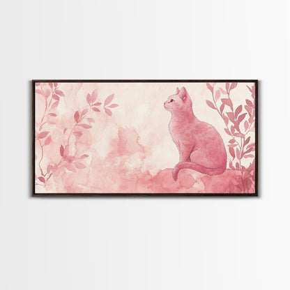 Whimsical Pink Cat Canvas Print Featuring Pink Wall Art Minimalist Art Botanical Prints Light Pink Wall Art Farmhouse Rustic Decor