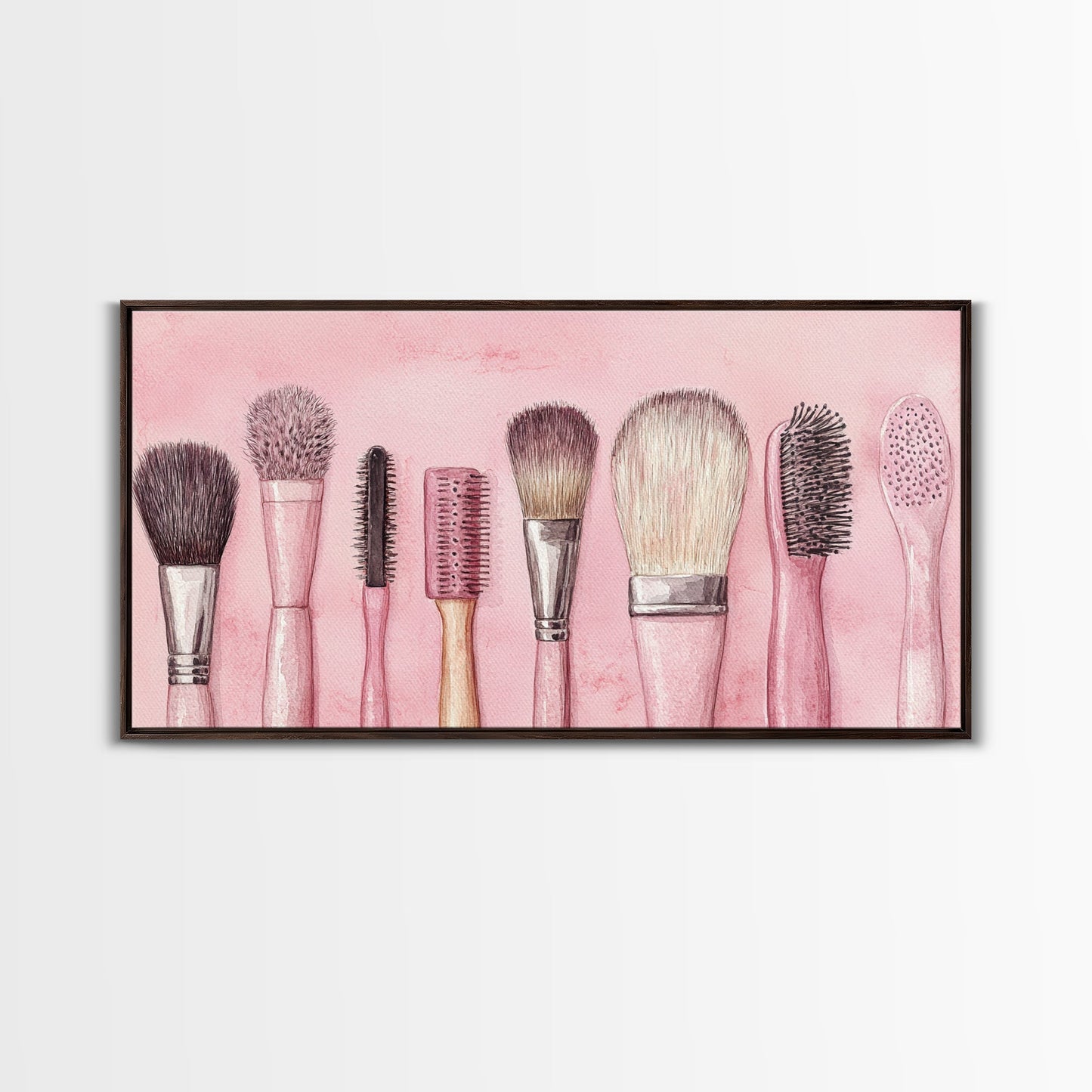 Makeup Brush Art Framed Canvas Print, Light Pink Chinoiserie Wall Art Whimsical Decor, Minimalist Art Rustic Wall Gift Idea