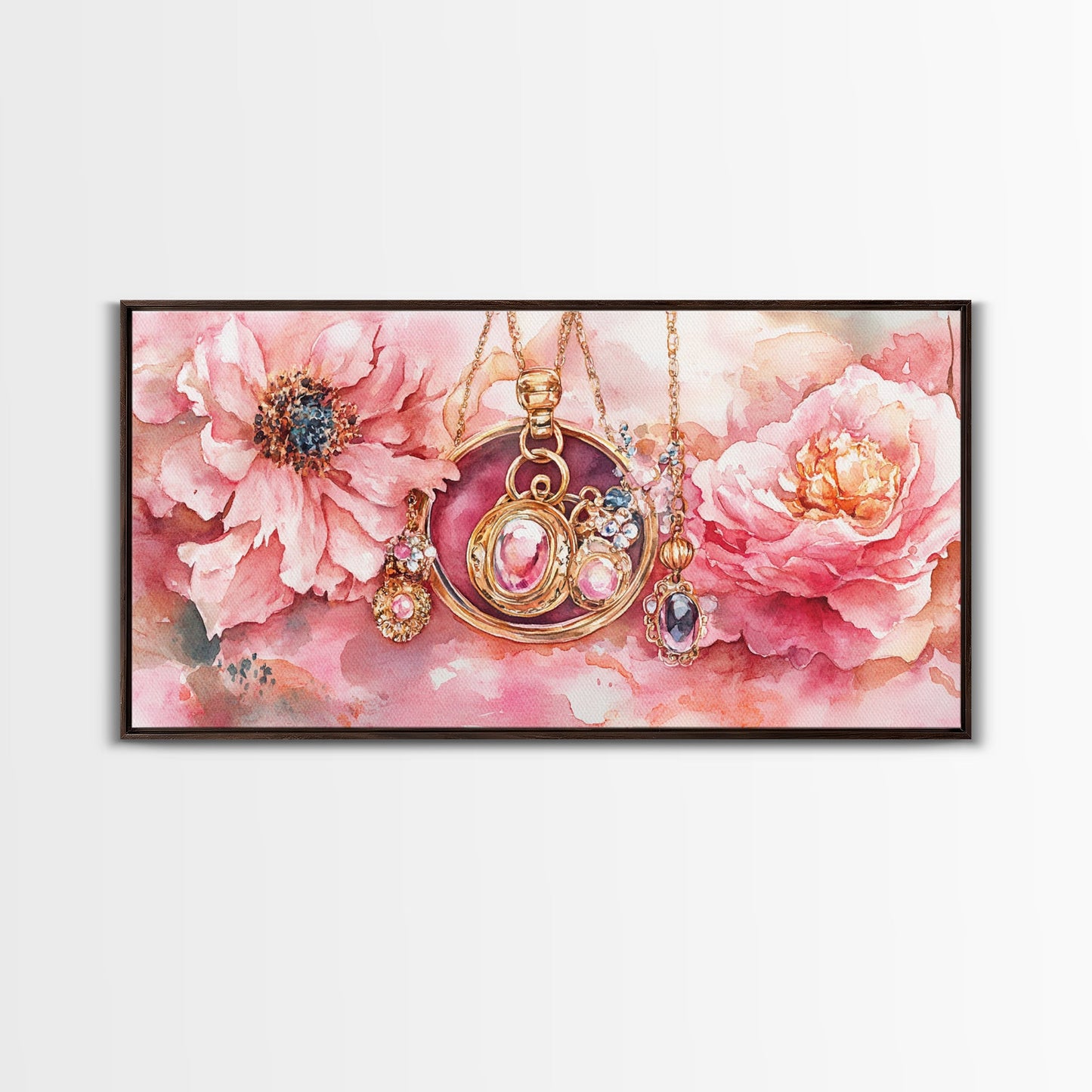 Leinwanddruck mit rosafarbenem Edelsteinschmuck, feminin-elegantes Kunstwerk, glamouröses Rosenbild, Wanddekoration fürs Wohnzimmer, einzigartiges Deko-Geschenk