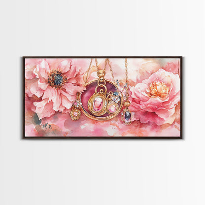 Leinwanddruck mit rosafarbenem Edelsteinschmuck, feminin-elegantes Kunstwerk, glamouröses Rosenbild, Wanddekoration fürs Wohnzimmer, einzigartiges Deko-Geschenk