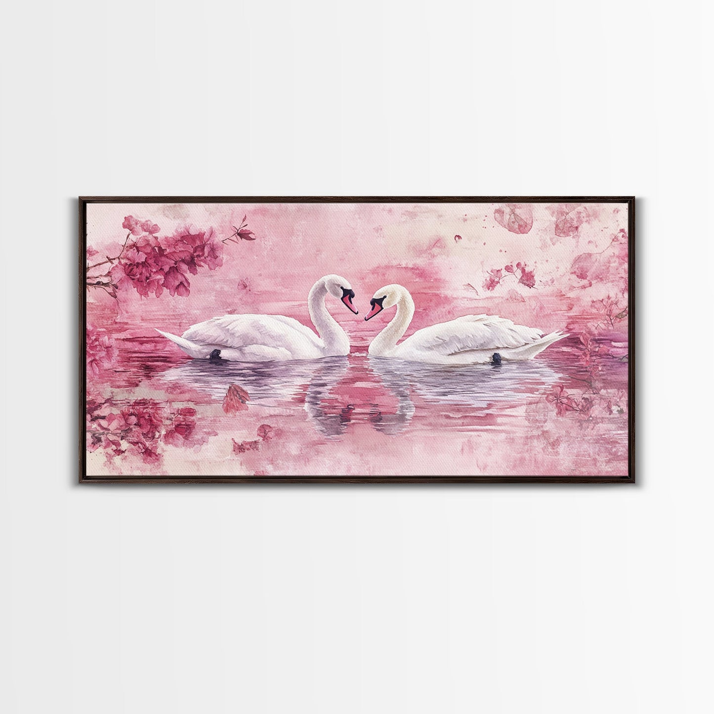 Swan Reflection Watercolor Framed Canvas Print, Romantic Wildlife Art, Cherry Blossom Wall Art, Rustic Farmhouse Decor, Bedroom Art