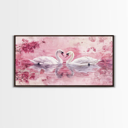 Swan Reflection Watercolor Framed Canvas Print, Romantic Wildlife Art, Cherry Blossom Wall Art, Rustic Farmhouse Decor, Bedroom Art