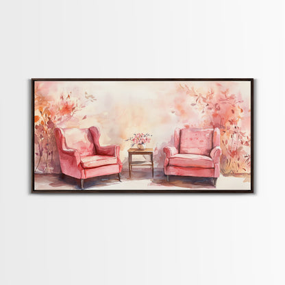 Cozy Pink Living Room Canvas Print with Chairs and Floral Decor, Perfect Rustic Wall Art for Fall or Above Couch Decor, Farmhouse Style