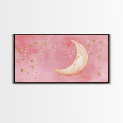 Golden Crescent Moon Canvas Print, Light Pink Wall Art, Whimsical Celestial Art, Bedroom or Dorm Decor, Christmas Gift Idea