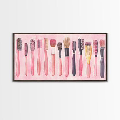 Hairbrush Collection Canvas Print Whimsical Art Pink Wall Art Fun Boho Aesthetic Bathroom Decor Vertical Art Unique Gift Idea