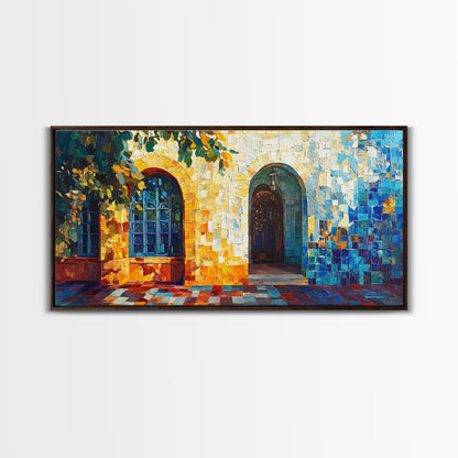 Sunlit Arched Window Framed Canvas Print - Rustic Moroccan Wall Art - Coastal Landscape Art - Farmhouse Decor Bedroom Art