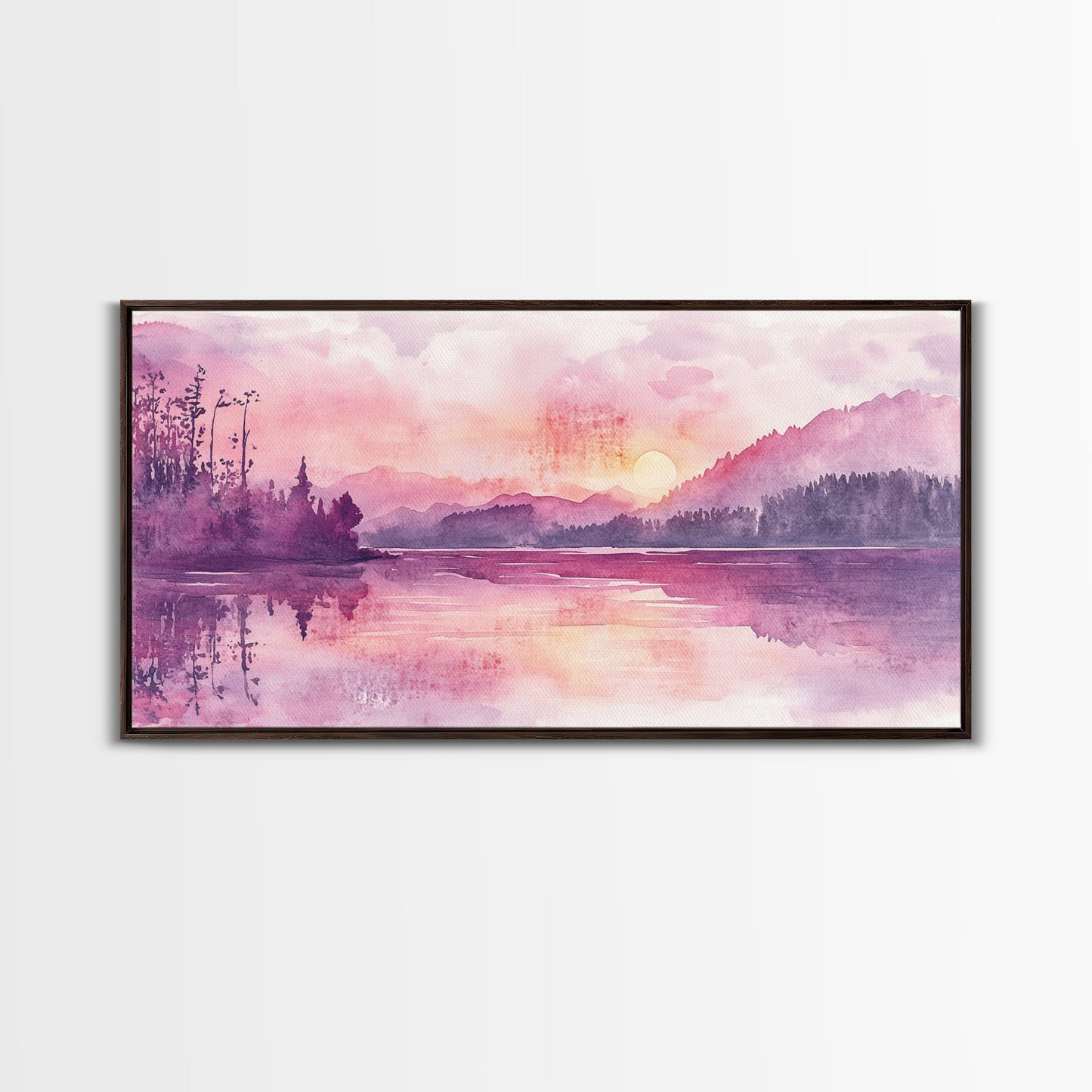 Sunset Landscape Art Framed Canvas Print Pink Orange Wall Art Living Room Art Panoramic Painting Above Couch Art Coastal Decor