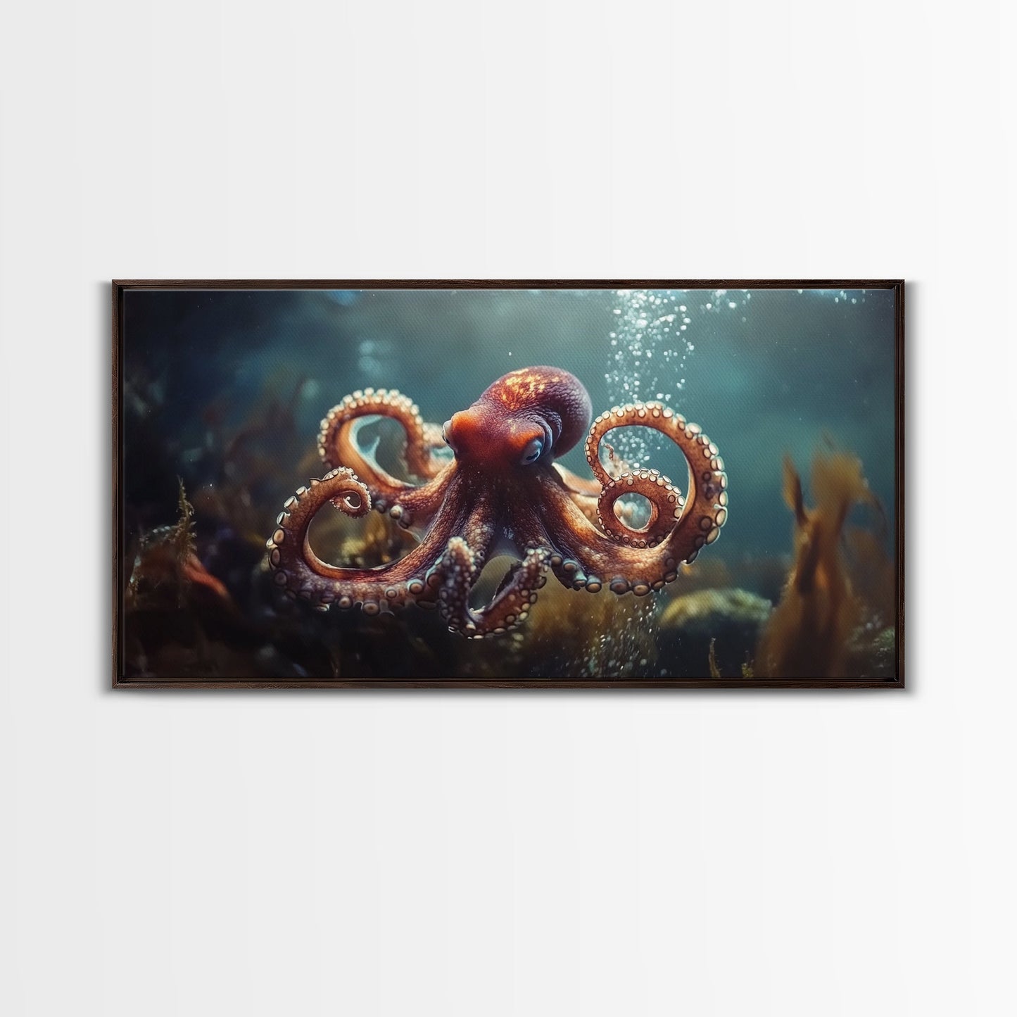 Vibrant Octopus Art Framed Canvas Print, Ocean Wildlife Wall Decor, Rustic Nautical Art, Marine Life Painting, Underwater Sea Art
