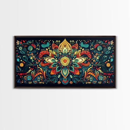 Elaborate Mandala Framed Canvas Print, Vibrant Boho Art, Spiritual Zen Wall Art, Geometric Ethereal Painting, Colorful Sacred Geometry