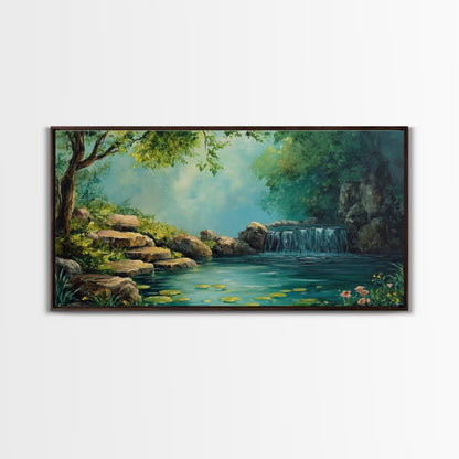 Ruhiges Wasserfall-Landschaftsbild, gerahmter Leinwanddruck, rustikale Wohnzimmerdekoration, friedliche Naturszene, Wandbild im Landhausstil