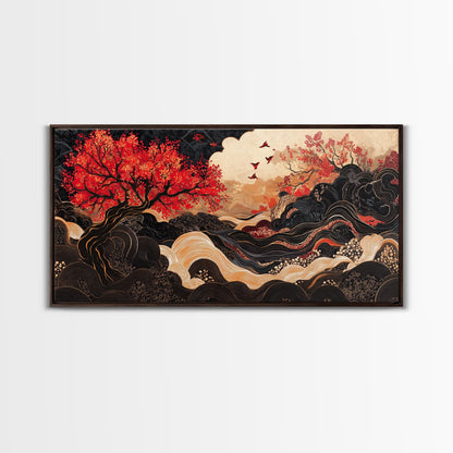 Japanese Inspired Framed Canvas Print Featuring Chinoiserie Wall Art and Autumn Tree Painting Unique Horizontal Living Room Art