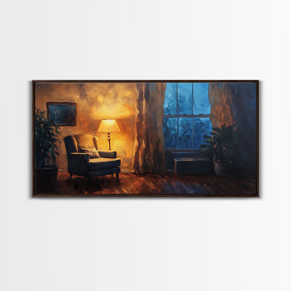 Cozy Armchair Framed Canvas Print, Rustic Living Room Art, Moody Interior Wall Art, Farmhouse Above Sofa Decor, Gift Idea For Him