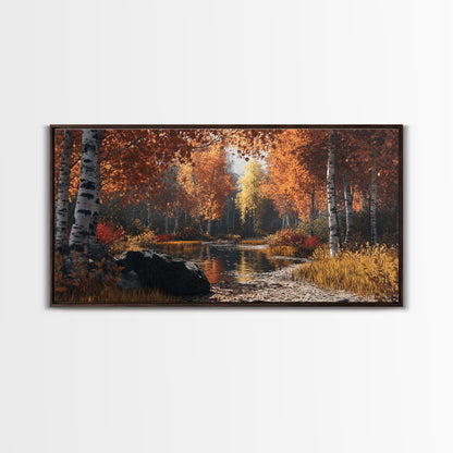Autumn Birch Tranquility Framed Canvas Print with Birch Tree Painting and Fall Wall Art Rustic Art for Living Room Wall Decor
