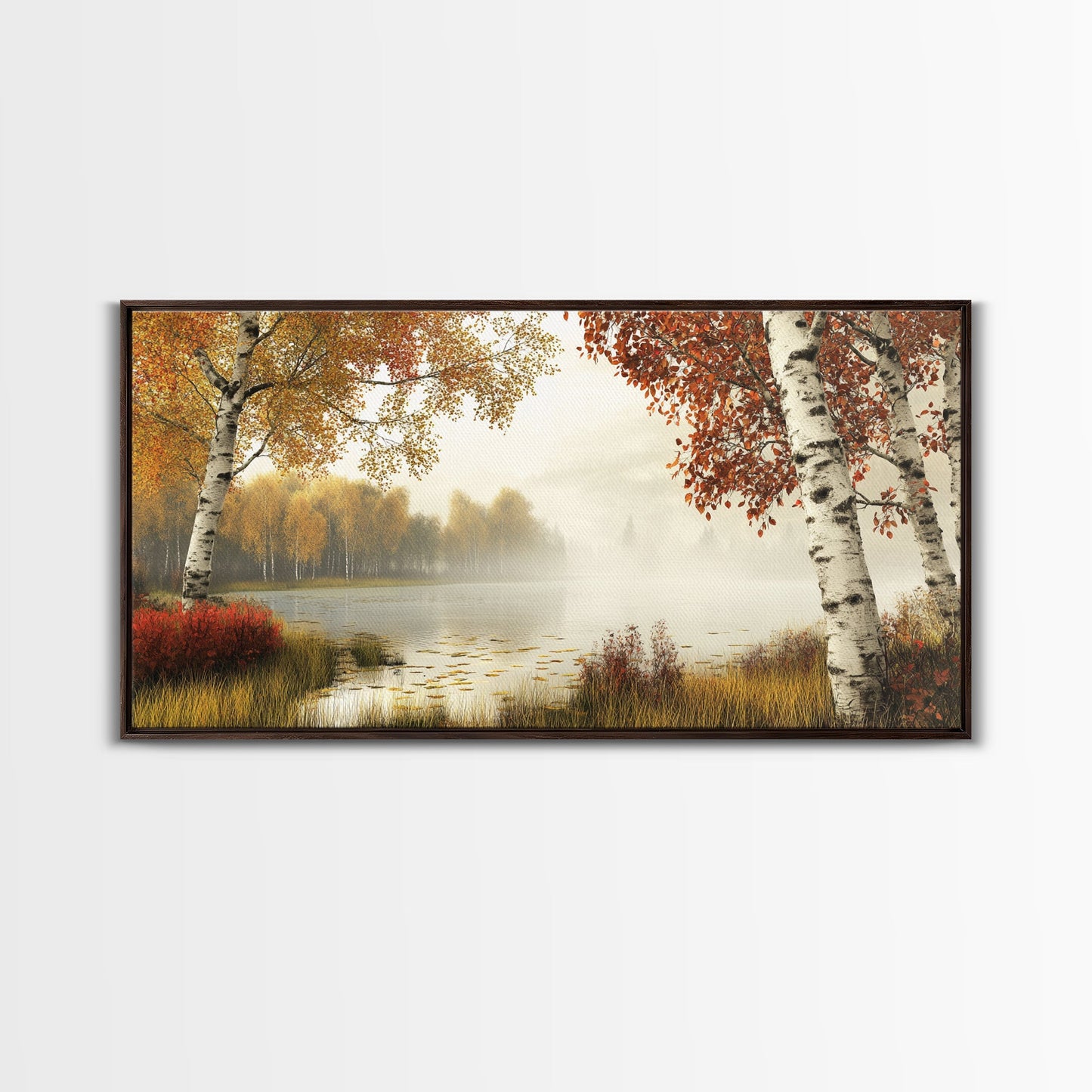Golden Autumn Mist Canvas Print Featuring Birch Tree Painting and Moody Art Rustic Wall Art Above Sofa Art for Living Room