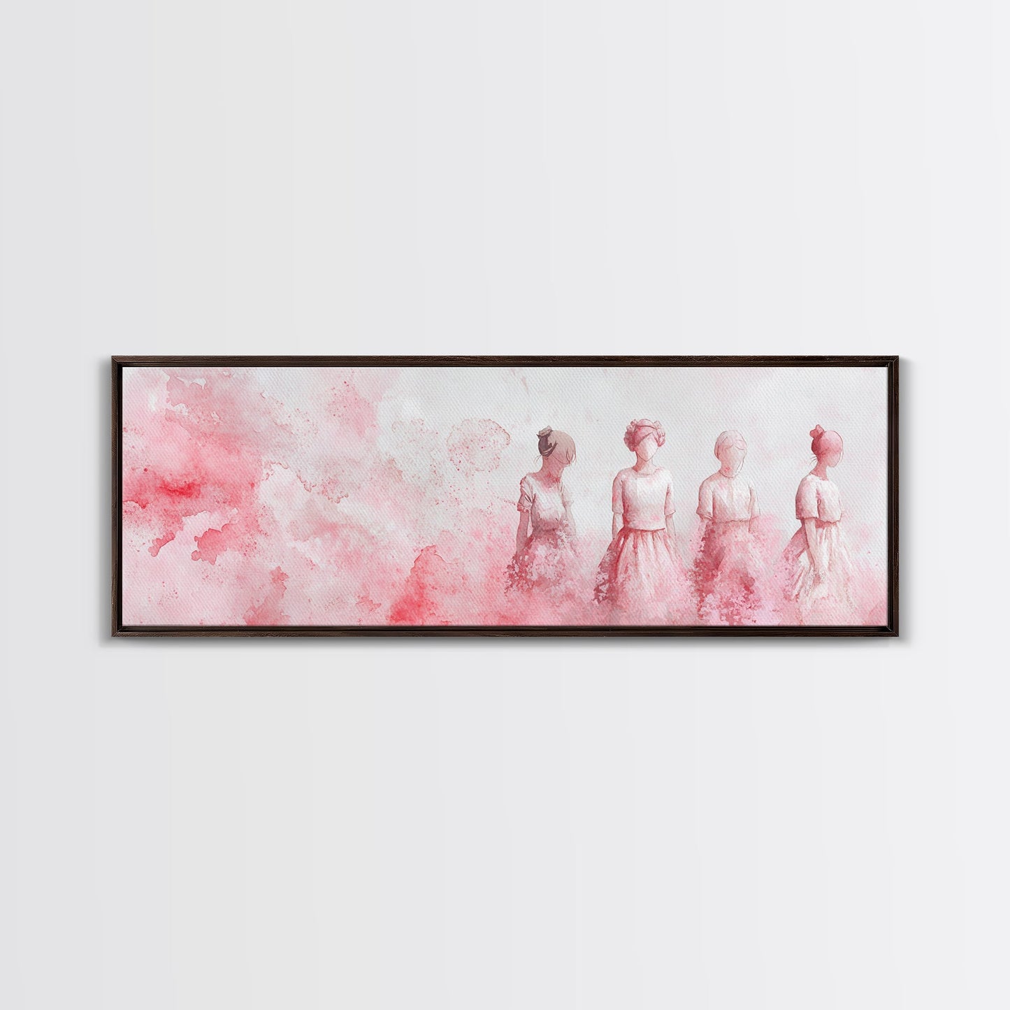 Four Women Canvas Print in Pink Abstract Art Style, Feminine Whimsical Aesthetic, Minimalist Living Room or Guest Room Horizontal Art
