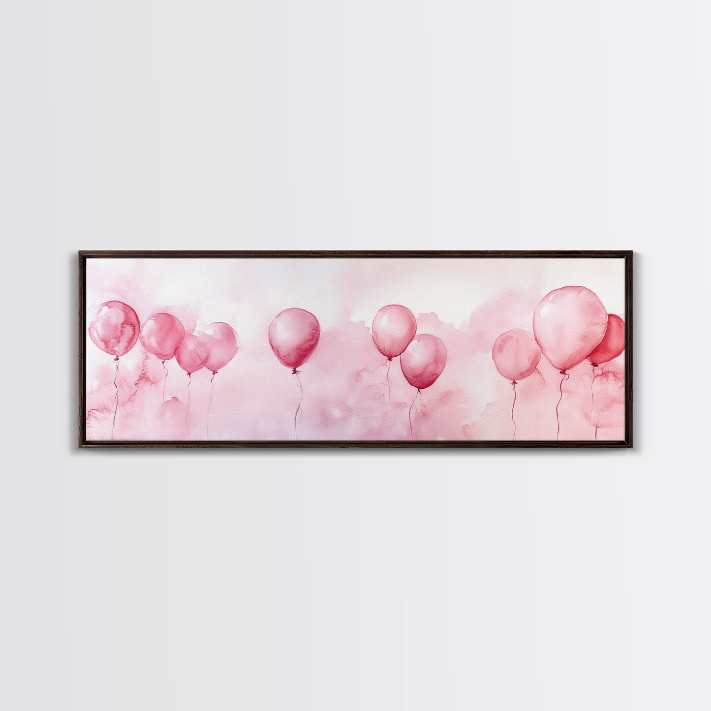 Balloon Painting Framed Canvas Print in Pastel Pink Hues, Whimsical Horizontal Artwork, Light Pink Wall Art for Living Room Decor