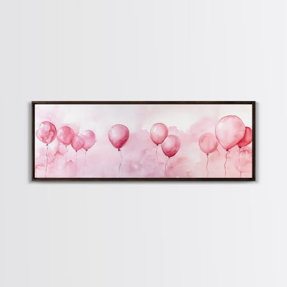 Balloon Painting Framed Canvas Print in Pastel Pink Hues, Whimsical Horizontal Artwork, Light Pink Wall Art for Living Room Decor