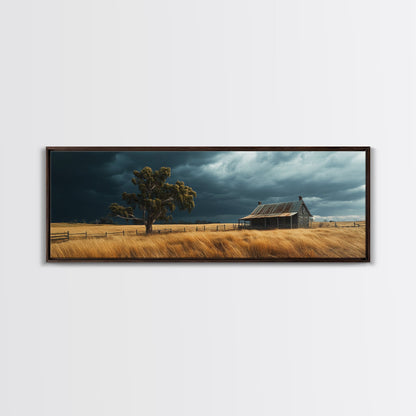 Stormy Farmhouse Canvas Print Rustic Landscape Painting Smoky Mountain Art Horizontal Panoramic Wall Living Room Autumn Decor