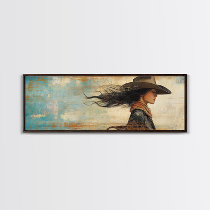 Cowgirl Canvas Print Southwest Wall Art Minimalist Boho Art Afrocentric Painting Extra Wide Horizontal Artwork Decor