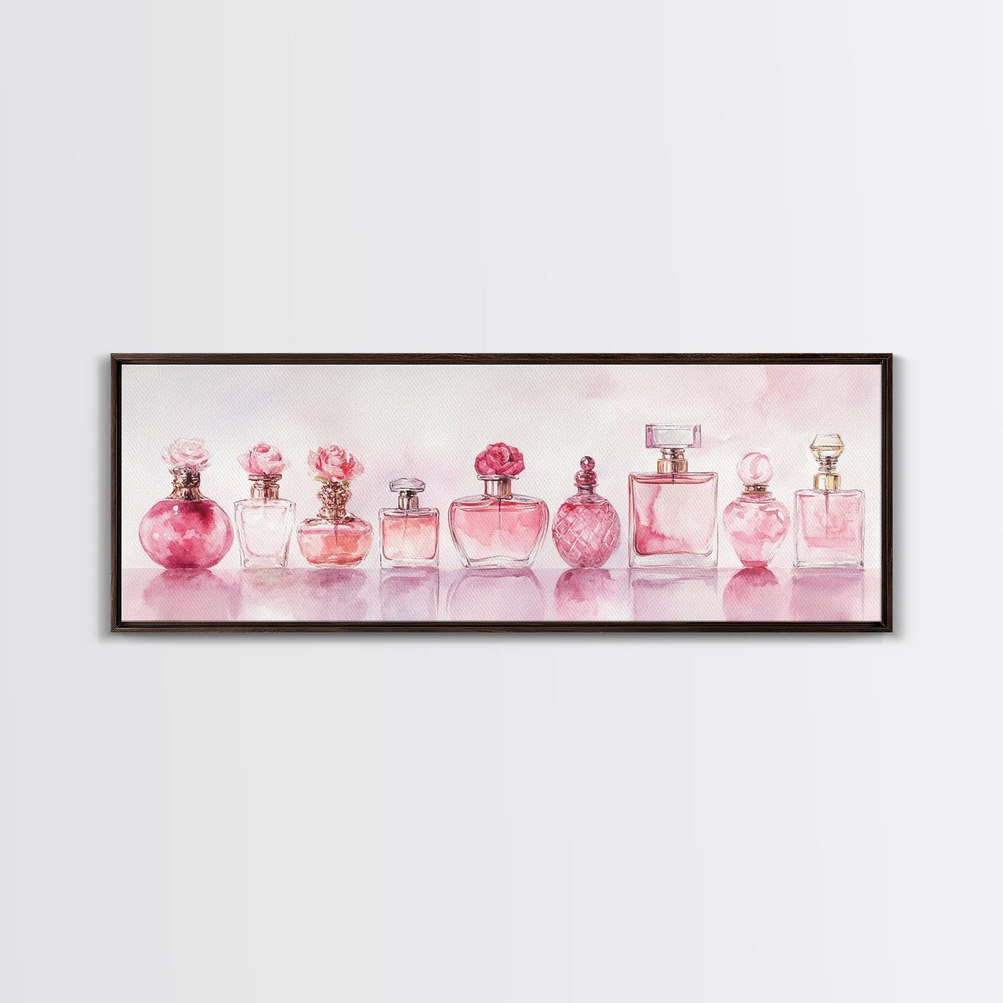 Framed Canvas Print Perfume Bottle Art Pink Abstract Art Feminine Decor Gift Idea Minimalist Living Room Wall Art Horizontal Painting