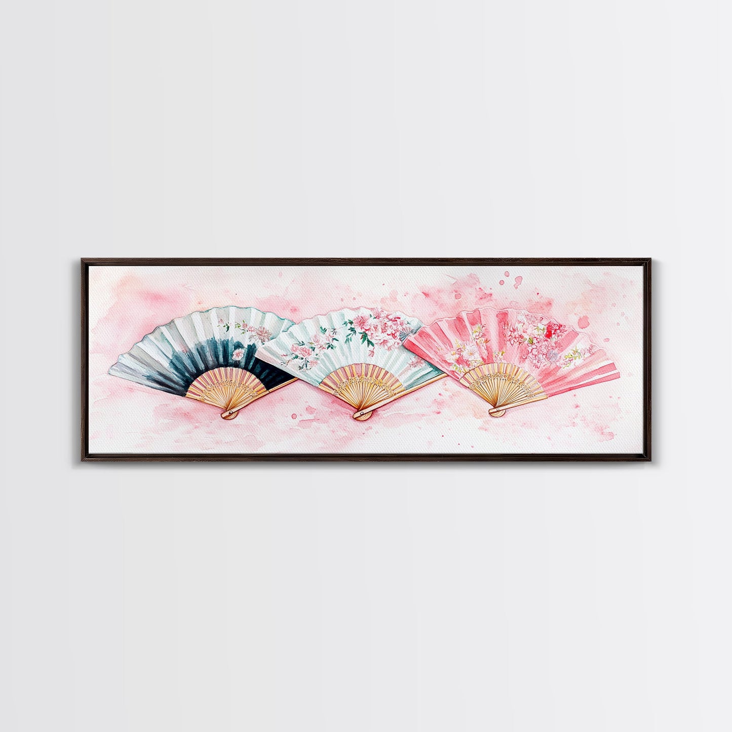 Floral Hand Fan Art Framed Canvas Print Chinoiserie Pink Wall Art Botanical Prints Horizontal Bedroom Living Room Décor Gift Idea