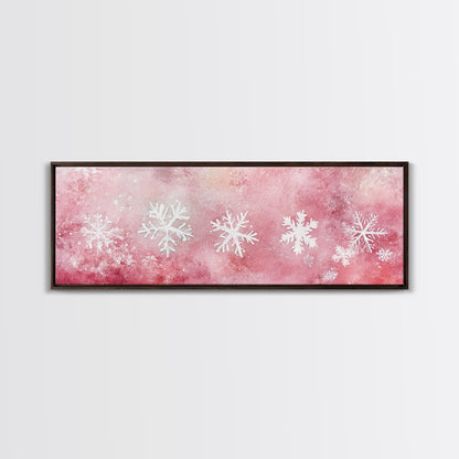Framed Canvas Print of Snowflakes on Pink Background Featuring Cozy Winter Wall Art or Light Holiday Bedroom Seasonal Decor