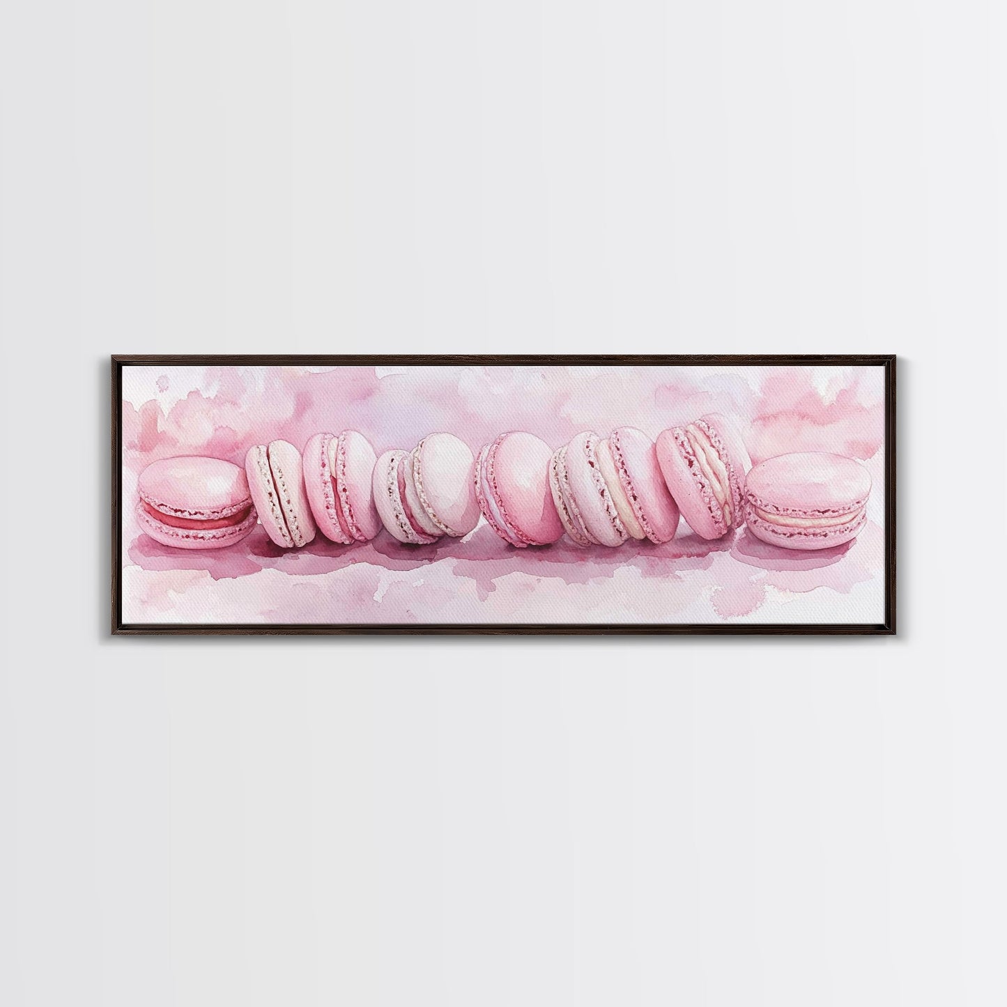 Whimsical Macarons Pink Wall Art Framed Canvas Print Extra Wide Horizontal Dessert Painting Food Review Kitchen Art