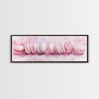 Whimsical Macarons Pink Wall Art Framed Canvas Print Extra Wide Horizontal Dessert Painting Food Review Kitchen Art