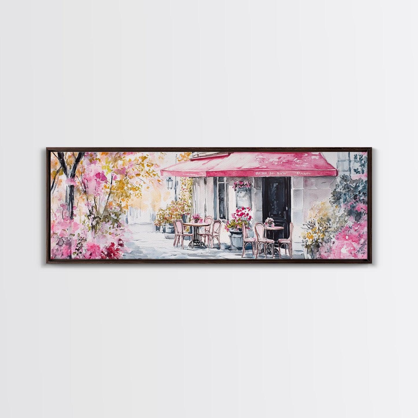 Parisian Cafe Cherry Blossom Painting Framed Canvas Print Extra Wide Art Horizontal Wall Art Rustic Above Sofa Decor