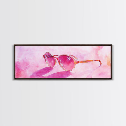 Retro Sunglasses Pink Wall Art Framed Canvas Print Light Pink Horizontal Wall Art Rustic Decor Fashion Illustration Art
