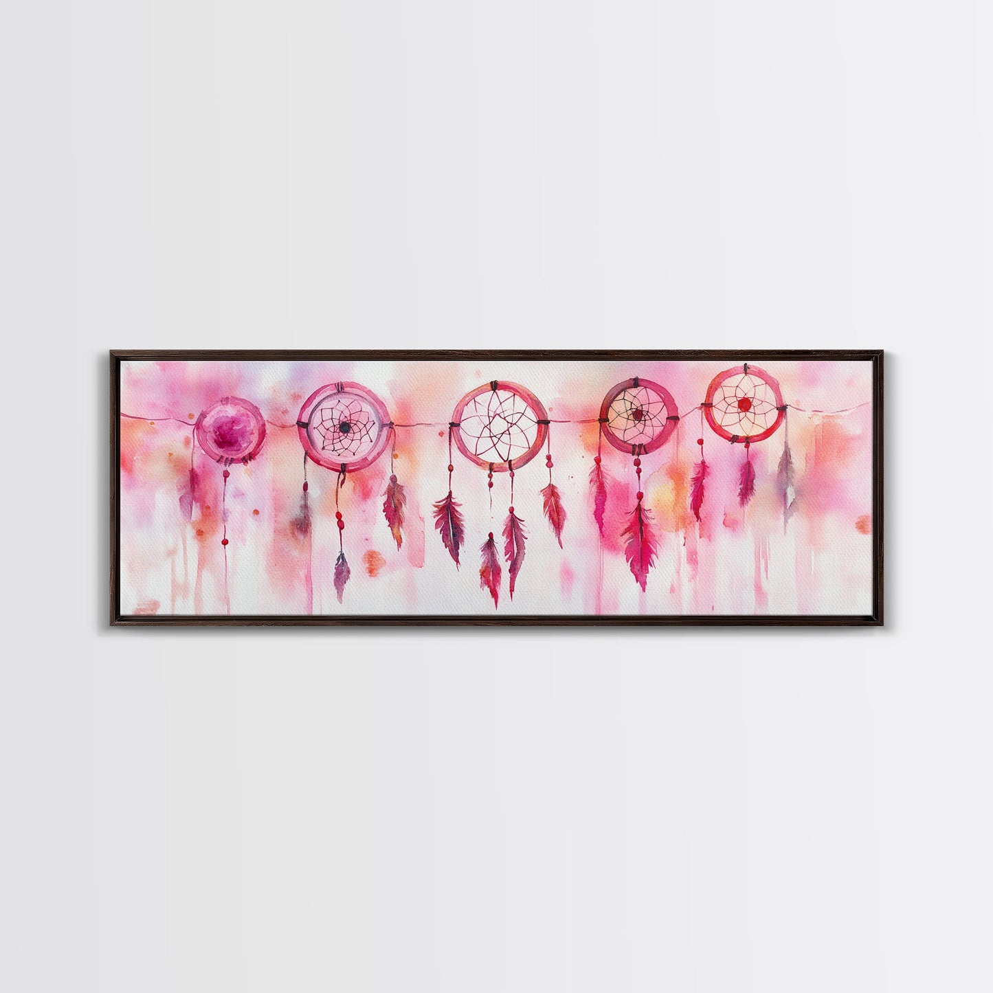 Dreamcatcher Canvas Print, Pink Orange Wall Art with Whimsical Artistic Feathers, Boho Art Idea for Living Room or Above Couch