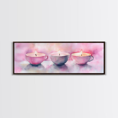 Candlelight Framed Canvas Print, Cozy Pastel Teacup Candles Art, Light Pink Wall Decor, Bedroom or Dining Room Whimsical Artwork